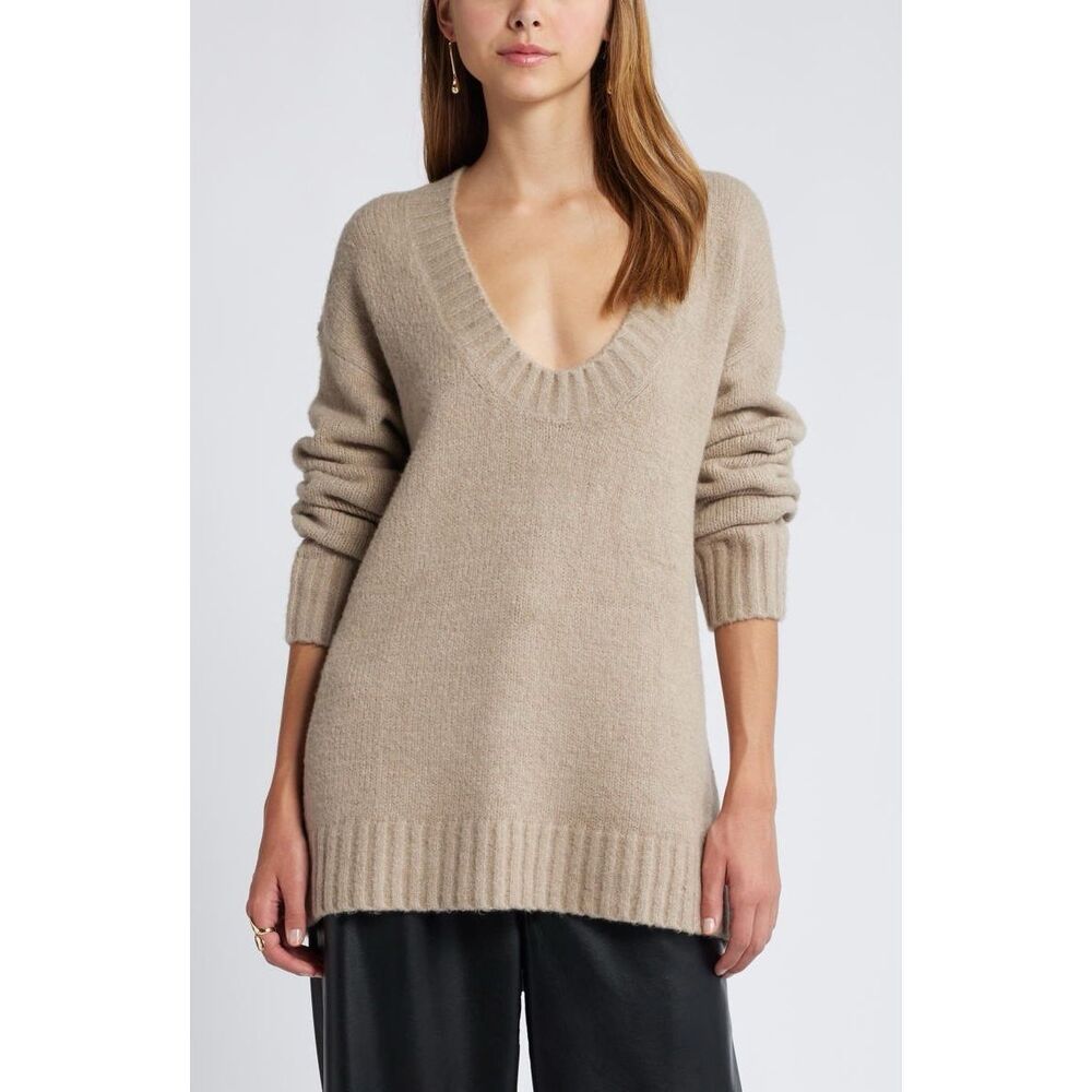 Open Edit Womens V-Neck Tunic Sweater Medium Soft Coffee Chunky‎ Scandi Luxury